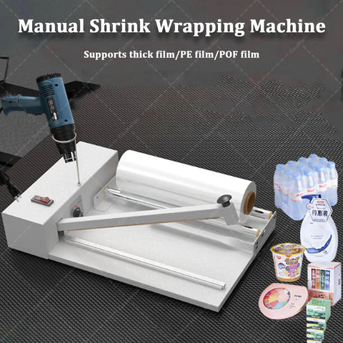 GFJYKDL Professional Shrink Wrap Machine With Heat Gun For Effortless Pvc Pof Pe Film Packaging And Sealing, showing manual operation and roll.
