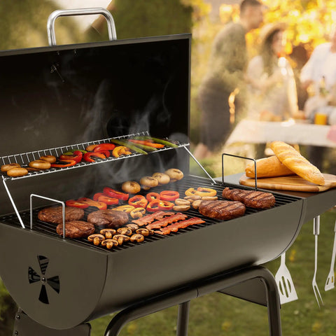 28 Inch Barrel Charcoal Grill With Warming Rack And 626 Sq In Of Cooking Space for Backyard BBQs with grilled food, outdoors