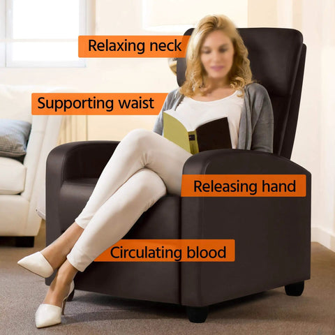 Comfy Padded Seat Recliner Chairs Set Of 2 For Home Theater, woman reading in brown PU leather recliner