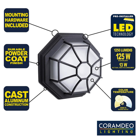 Outdoor Ready 11.5 Inch LED Nautical Flush Mount Light for Walls and Ceilings, Wet Location Rated, Built In LED Delivers 1250 Lumens at 3000K Warm Light, Black Cast Aluminum With Frosted Glass Lens