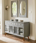 Gray sideboard with Angled 8 Inch Slanted Wood Furniture Legs Set Of 4 For Ottomans Benches And Coffee Tables In Walnut Finish.
