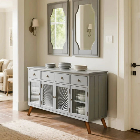Gray sideboard with Angled 8 Inch Slanted Wood Furniture Legs Set Of 4 For Ottomans Benches And Coffee Tables In Walnut Finish.