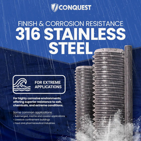 Beefy 316 Stainless Steel Threaded Rod Half Inch Diameter 24 Inch Length Eight Pack With Nuts And Washers UNC Coarse