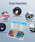 Image of Heavy-Duty Car Fuse Assortment Kit showing fuse functions like lights, ignition, and dashboard in a clear storage case.
