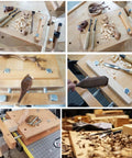 Rock Solid Portable Woodworking Vise And Straight Up Adjustable Bench Table With Hardcore Steel Clamps For Garage Studio Home Workshop Or Shop Diy Uses, tools and woodwork in workshop setting.