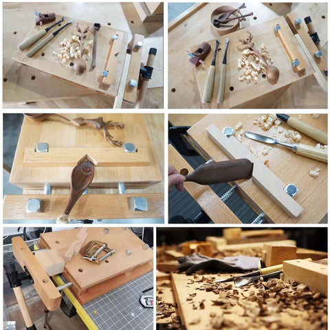 Rock Solid Portable Woodworking Vise And Straight Up Adjustable Bench Table With Hardcore Steel Clamps For Garage Studio Home Workshop Or Shop Diy Uses, tools and woodwork in workshop setting.