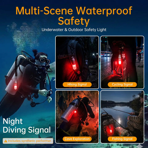 4 Pack Dive Marker Light 300 Lumen LED Beast Bright Waterproof To 150m With Steady And Flash Modes AAA Battery Included Red Signal Light For Night Dives Cave Exploration And Camping shown in various outdoor activities