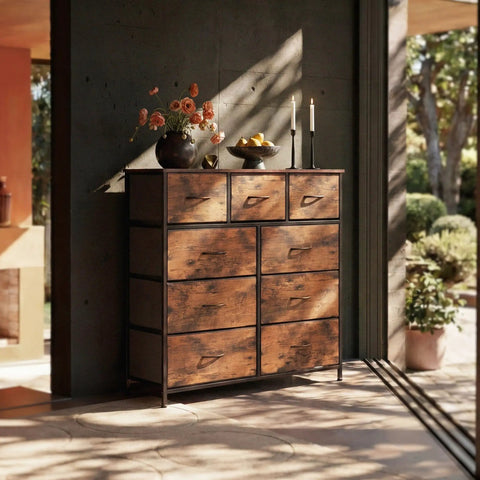 Top Drawer Tall Fabric Dresser For Bedroom Storage Packed With Nine Deep Foldable Drawers Rustic Brown A Clutch Space Saver Chest Of Drawers For Fresh Living Spaces