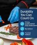 Blue disposable nitrile-vinyl blend gloves worn while preparing food.