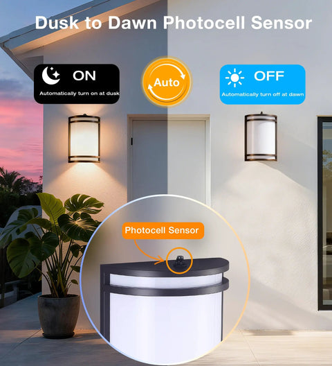 Two Pack Dusk To Dawn LED Outdoor Wall Sconce with Adjustable 3000K 4000K 5000K Color Temperature 15W mounted on house wall