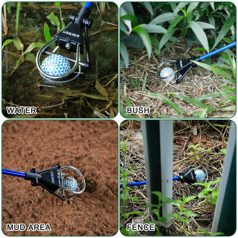 Telescoping Golf Ball Retriever With 12 To 15 Foot Reach in water, mud, bush, and fence areas, showing stainless locking head.