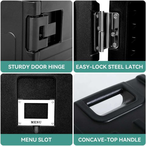 Details of Insulated Food Pan Carrier 127 Quart LLDPE Hot Box for Catering, featuring door hinge, steel latch, menu slot, and handle
