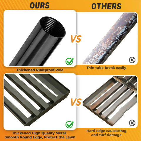 Comparison of Heavy Duty Landscape Rake With 30 By 10 Inch Head And 78 Inch Detachable Stainless Steel Handle Vs Competitor