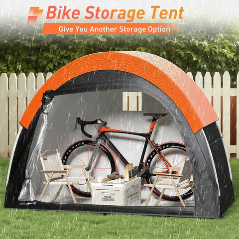 Upgraded Bike Tent With Rain Cover For Outdoor Storage Portable Bike Shed Fits 2 To 3 Bikes shown with single bike inside in rain