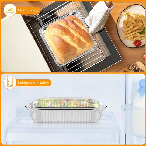 40 Pack 8x8 Inch Aluminum Square Pans With Clear Lids for Baking, Heating, Storing, Fridge and Oven Use Showing Bread and Salad