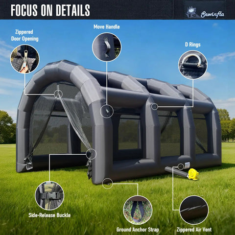 Inflatable Baseball Batting Cage With Blower For Easy Indoor And Outdoor Practice Enclosed Training Cage For Batting Pitching And Multi Sport Use Durable Oxford Fabric 20 Feet By 12 Feet By 9.8 Feet with zippered door, D rings, and anchor straps in garden setting.