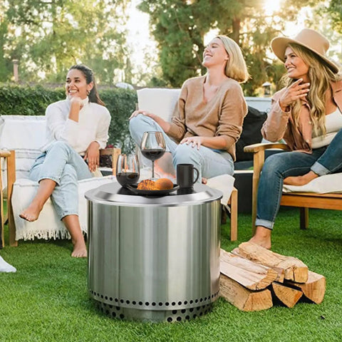 Fire Pit Lid For Solo Stove Bonfire 19.5 Inch Stainless Steel Cover in a backyard setting with wine glasses on top