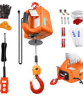 Front view of orange 3-in-1 electric hoist winch with remote, hook, rope, gloves, mounting hardware and accessories