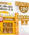 Packaging of removable double sided adhesive dots with 280 pieces for art, craft, and home use.