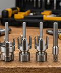 Close-up of dies from the 6-In-1 Heavy-Duty PVC Pipe Threading Tool Kit With Reinforced Hardened Alloy for various pipe sizes