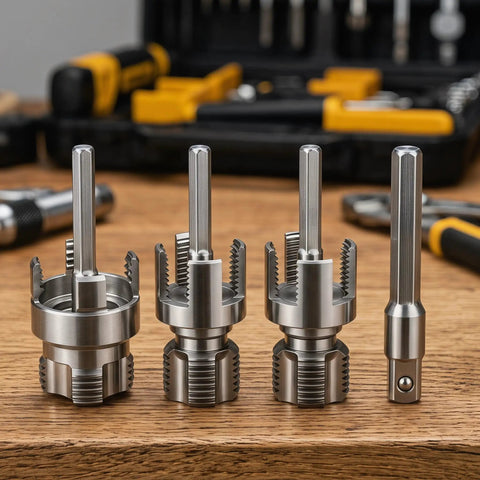 Close-up of dies from the 6-In-1 Heavy-Duty PVC Pipe Threading Tool Kit With Reinforced Hardened Alloy for various pipe sizes