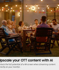 Group enjoying outdoor evening with streaming TV using 32 Inch M80D Series 4K UHD Smart Monitor With Streaming TV Built In Speakers HDR10 Plus AI Upscaling USB C Ergonomic Stand SlimFit Camera And Gaming Hub For Immersive Home Entertainment Dope Setup.