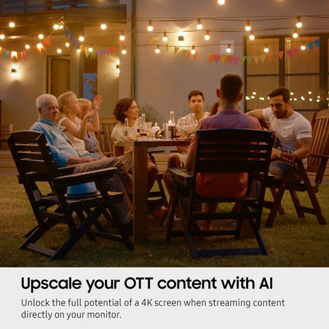 Group enjoying outdoor evening with streaming TV using 32 Inch M80D Series 4K UHD Smart Monitor With Streaming TV Built In Speakers HDR10 Plus AI Upscaling USB C Ergonomic Stand SlimFit Camera And Gaming Hub For Immersive Home Entertainment Dope Setup.