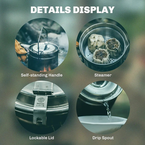 1.2L Stainless Steel Camping Pot With Lockable Lid For Bushcraft And Campfire Cooking SUS304 Durable Build That Retains Heat Hangable Outdoor Pot For Easy Over Fire Cooking And Quick Prep with features like self-standing handle, steamer, and drip spout