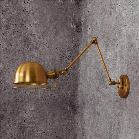 Dope Industrial Telescopic Swing Arm Wall Lamp For Living Room And Loft Vintage Golden Wrought Iron Sconce Adjustable Long Arm E26 E27 Base Creative Decorative Light For Barn Garage Workshop features a sleek vintage golden adjustable arm and dome shade against a textured wall.