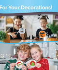Printable vinyl sticker paper for inkjet/laser printers; collage of two kids making round Halloween and Christmas stickers on glossy sheets.