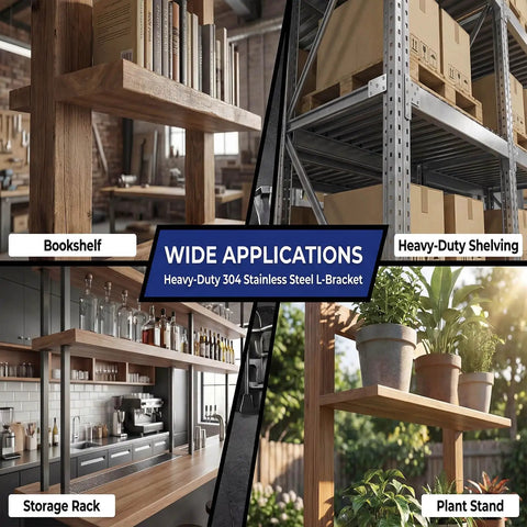 Built Different Premium Stainless Steel L Brackets Heavy Duty Corner Brace 90 Degree Angle Bracket Support Rack Shelving Reinforcement No Sweat Rust Resistant Bulk Pack on bookshelves, storage racks, and plant stands.