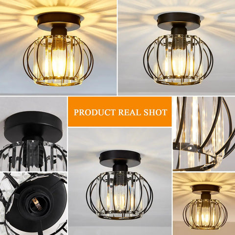 Two Pack Semi Flush Mount Ceiling Light Fixture With Lit Crystal Chandelier Style Modern Mini Indoor Ceiling Lamp Black