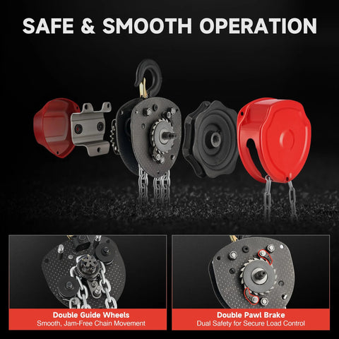 CREWORKS hand chain hoist, 1 ton capacity, red housing with G80 load chain and double guide wheels