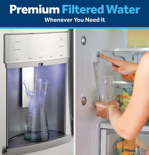 Close-up of a refrigerator water and ice dispenser with RPWFE Refrigerator Water Filter Pack Of 2 Genuine Replacement Filter in use