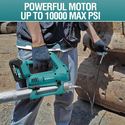 Person using Cordless Grease Gun 10,000 PSI High Flow Electric Lubrication Tool, 20V Battery, 40 Inch Hose outdoors