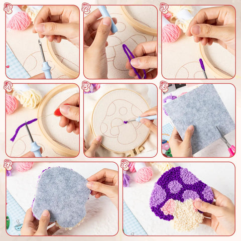 Step-by-step guide of Punch Needle Coaster Kit For Beginners Six Piece Set With Easy DIY Mushroom Pattern Coasters