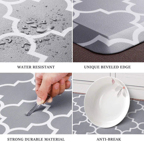 Waterproof grey anti fatigue kitchen mat with beveled edge showing water resistance, unique design, and durability against breakage.