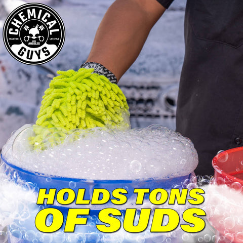 Foam Blaster 6 Car Wash Gun And Chenille Microfiber Wash Mitt Kit For Thick Suds in use with soap suds in bucket