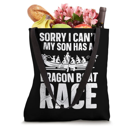 Go To Dragon Boat Racing Tote Bag For Drummers And Crew Paddler Gear featuring a race slogan, filled with groceries and flowers