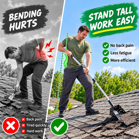 Comparison of using Flex Grip Roof Cleanup Shovel With Segmented Adjustable Pole No Sweat Sweep for heavy-duty roof cleaning.