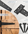 Collage of Six Pack 3 Inch Black T Strap Shed Door Hinges For Wood Barn Doors Gates Fences Storage Sheds, showing design and installation.