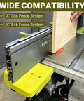 Ridiculously Smooth Table Saw Rip Fence Feed Supports For Xtender Fences Boosting Infeed Outfeed Stability On Compacts and Bandsaws with Dual Pack Extensions in use on a table saw.