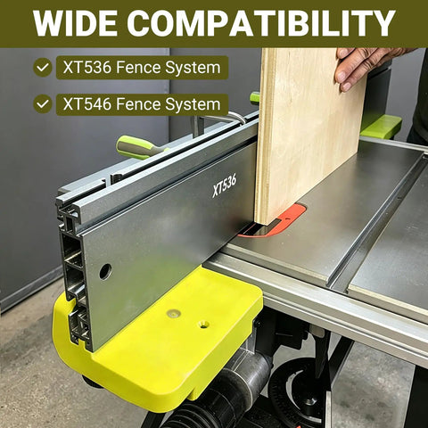 Ridiculously Smooth Table Saw Rip Fence Feed Supports For Xtender Fences Boosting Infeed Outfeed Stability On Compacts and Bandsaws with Dual Pack Extensions in use on a table saw.
