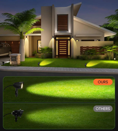 Brighten Outdoor Space With 12W Landscape Lighting 120V Warm White 2700K Garden Spotlights illuminating house and lawn