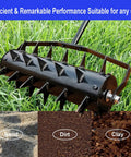 Seventeen Inch Rolling Lawn Aerator With Two Inch Steel Spikes Heavy Duty Manual Soil Aerator Tool on green grass