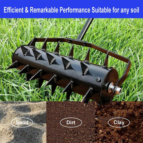Seventeen Inch Rolling Lawn Aerator With Two Inch Steel Spikes Heavy Duty Manual Soil Aerator Tool on green grass
