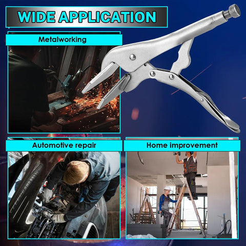 10 Inch Heavy Duty Locking Sheet Metal Clamp For Welding And Metalwork With Adjustable Opening Nickel Plated Carbon Steel Duckbill Locking Pliers For Metal Bending And Clamping 1 Pack shown in various applications including metalworking, automotive repair, and home improvement