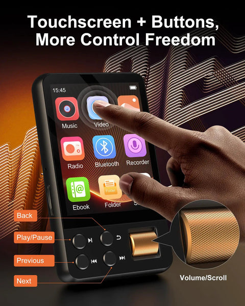 Finger touching 128GB Bluetooth 5.4 MP3 Player with Built-In HD Speaker interface, showing control buttons and volume scroll