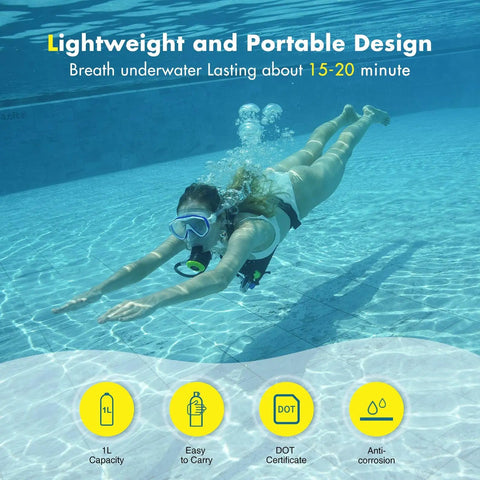 Diver uses 1L Mini Scuba Tank For Adults, Portable Dive Cylinder For Up To 20 Minute Dives, Emergency Rescue And Underwater Exploration.