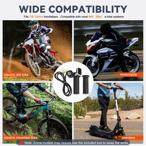 Full Twist Throttle For 60V E Bike With LED Display And Key Lock shown on bikes and scooters in varied terrains.